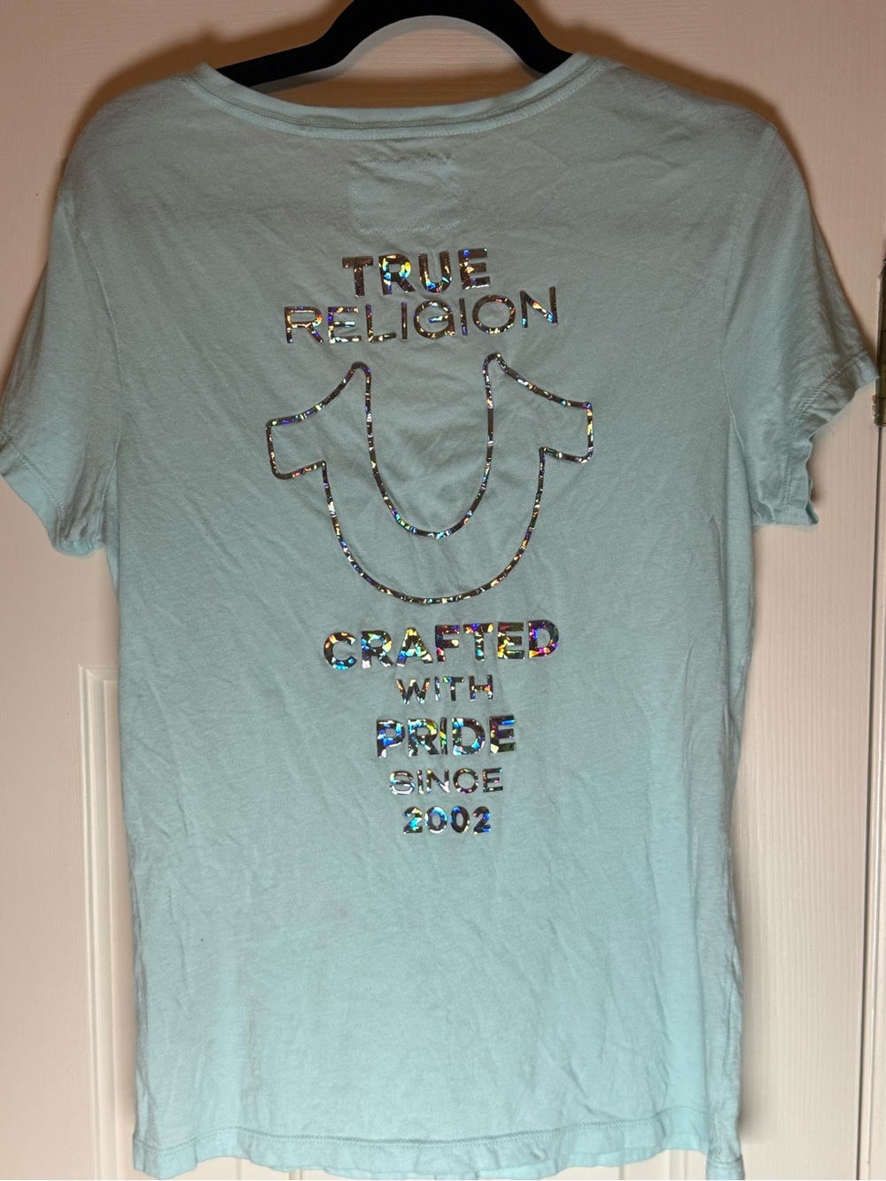 True Religion large Light Blue Short Sleeve Tee with Holographic Logo